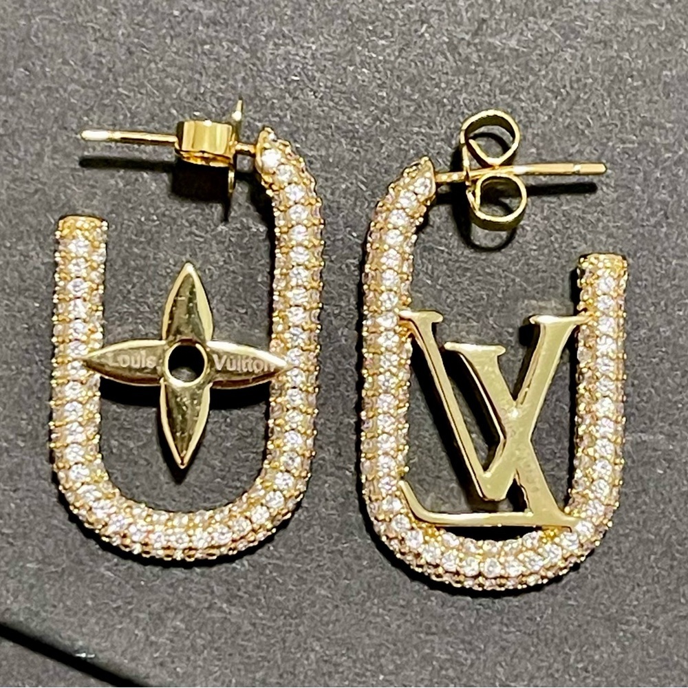 Small Gold or Silver LV Earrings w/Bling - Picture 2 of 4